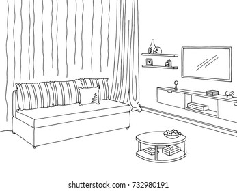 Living room graphic black white interior sketch illustration vector