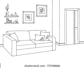 Living room graphic black white interior sketch illustration vector