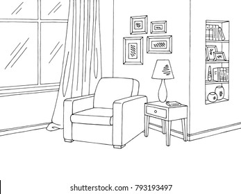 Wohnzimmer Grafik schwarz-weißer Sessel Inneneinrichtung Skizze Vektorgrafik