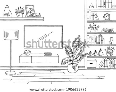 Living room graphic black white home interior sketch illustration vector