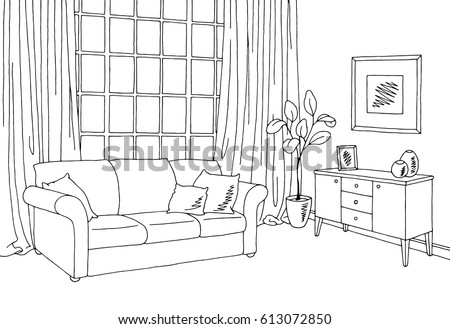 Living room graphic black white interior sketch illustration vector