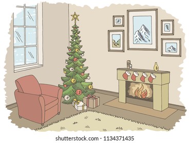 Living room graphic Christmas tree color interior sketch illustration vector