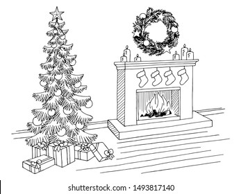 Living room graphic. Christmas tree black white interior sketch illustration vector