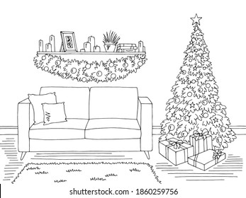 Living room graphic Christmas tree black white interior sketch illustration vector