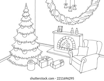 Living room graphic Christmas tree black white interior sketch illustration vector 