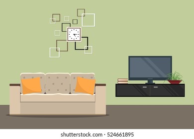 Living room in a green color with a sofa and a home cinema. There is a square clock on the wall in the picture. Vector flat illustration.