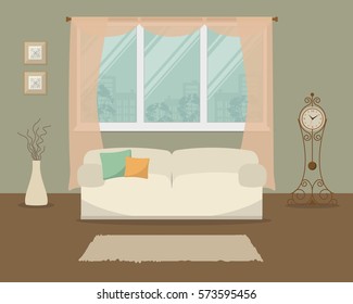 Living room in a green color. There is a white sofa with pillows on a window background in the picture. There is also a grandfather clock here. Vector flat illustration.