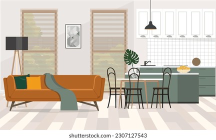 Living room with green kitchen.