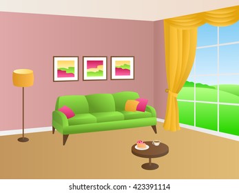 Living room green pink sofa yellow pillows lamp window illustration vector