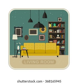 Living room grunge interior with furniture. Vector illustration of living room in flat style.