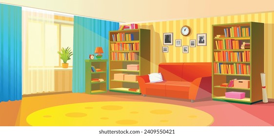 Living room. The hall is illuminated by rays of sunlight. Cabinets with shelves full of books.