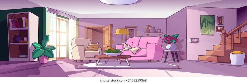 Wohnzimmer oder Flur Interieur mit offener Tür und Treppe, rosa Sofa und Sessel mit Kissen, Bücherregal mit Literatur und Blumen in Topf und Vase, Tisch und großes Fenster mit Vorhängen. In: Cartoon Vektorgrafik.