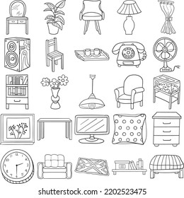 Living Room Hand Drawn Doodle Line Art Outline Set Containing Armchair, Sofa, Bookcase, Carpet, Chair, Chest of drawers, Clock, Coffee table, Curtain, Light, Mirror, Picture, Plant, Shelf, Speaker