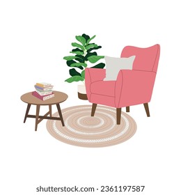 Living room. Home comfort. Cozy interior with armchair with cushion, indoor plant, coffee table with books, carpet. Scandinavian hygge style. Isolated vector illustration