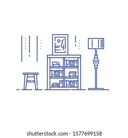 Living room, home furniture, interior design, minimal stile, bookshelf and standard lamp, vector line illustration