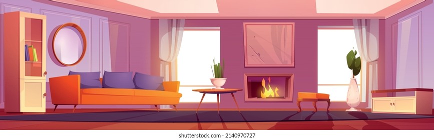 Living room, home interior with burning fireplace, modern furniture, couch with pillows, daybed, wooden coffee table with flower in vase, curtained windows and bookcase, Cartoon vector illustration