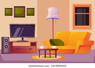 Living room home with TV interior house concept. Vector design graphic illustration