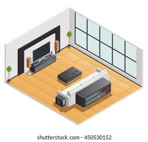 Living Room Or Hotel Lounge With Large Tv Screen Speakers And White Couch Isometric View Vector Illustration 