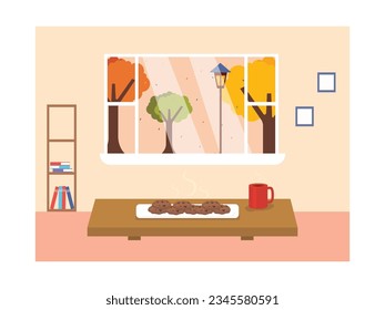 In the living room in the house with interior book shelves, photo display. Preparing biscuits and hot coffee snacks in autumn, an outside window view in autumn. Design. Vector flat illustratio