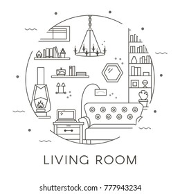 Living room. House Interior Design in Thin Line Style. Collection includes sofa, fireplace, cupboard, chandelier, bookshelf and fireplace. Flat vector illustration. 