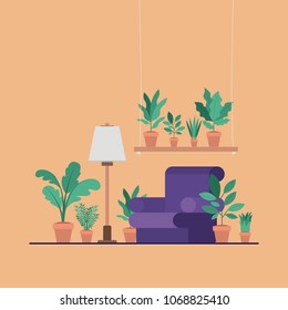 living room with houseplants and lamp