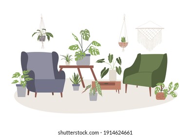 Sala de estar con plantas. Selva urbana, macetas. Acogedor concepto de casa. Quédate en casa. Ilustración vectorial plana