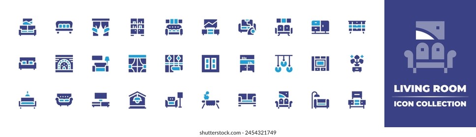 Living room icon collection. Duotone color. Vector illustration. Containing living room, sofa, house, tv table, cabinet, tv, window, curtains, couch, wallpaper, hanging, fireplace, table, housekeeping