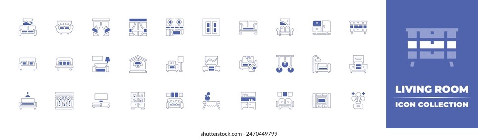 Living room icon collection. Duotone style line stroke and bold. Vector illustration. Containing living room, sofa, house, tv table, cabinet, tv, window, curtains, couch, wallpaper, hanging.