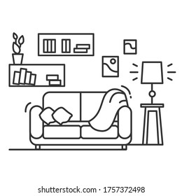 Living room icon. Linear pictogram of rum with sofa, books, wall decor and bright lamp. Concept of comfortable home evening, home interior and lifestyle. Editable stroke vector illustration