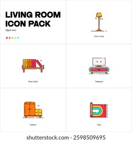 Living room icon pack. Floor lamp, stack of books, television, cabinet, rug icon vector illustration 