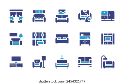 Wohnzimmer-Icon-Set. Zweitonfarbe. Vektorillustration. Enthaltendes Wohnzimmer, Sofa, TV-Tisch, Schrank, TV, Vorhänge, Couch, Bildschirmhintergrund.