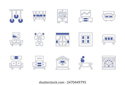 Living room icon set. Duotone style line stroke and bold. Vector illustration. Containing house, window, cabinet, hanging, fireplace, table, housekeeping, sofa, couch, tv table, tv stand, sideboard.