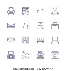 Living room icon set. Thin line icon. Editable stroke. Containing sofa, divan, window, tv, curtains, tvfurniture, coffeetable, fireplace, homeentertainmentsystem, tvmonitor, livingroom.