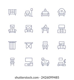 Living room icon set. Thin line icon. Editable stroke. Containing sideboard, sofa, table, curtain, armchair, livingroom, rest, tvstand, television, chair, tvtable.