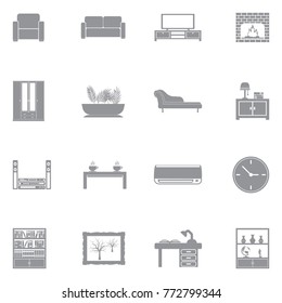 Living Room Icons. Gray Flat Design. Vector Illustration. 