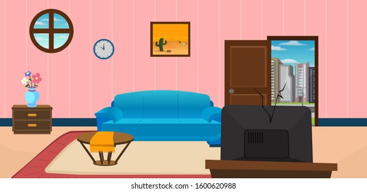 Living Room Illustration Modern Furniture Interior Sofa Small Window Door Opened Wall Clock Picture Table TV Vector Art