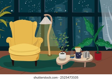 Salón interior. Un sillón con una mesa de centro y ventanas panorámicas con vistas a la ciudad nocturna. Ilustración vectorial plana de muebles cómodos domésticos