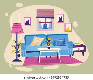 Living room indoor interior. Empty sofa, table, photo, flower vase, sitting lamp, picture decoration. Vector illustration. Comfortable domestic furniture.