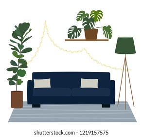 Living room inerrior with couch and houseplants. Vector illustration.