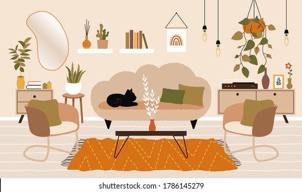 Living room interior. Apartment home design with sofa armchair houseplants in scandinavian hygge style. House decoration flat vector illustration.