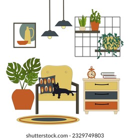 Living room interior area. Furniture items for a cozy room. An armchair, a bedside table with books and an alarm clock, pillows, potted flowers, paintings and a chandelier. Vector flat linear