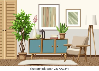 Living room interior with an armchair, a blue dresser, a jalousie cabinet, pictures on the wall, and a big ficus tree. Modern interior design. Cartoon vector illustration