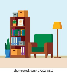 Living room interior with armchair and bookcase. Flat style vector illustration