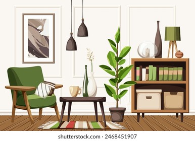 Living room interior with an armchair, a cabinet, a table, a painting, and a big ficus tree. Living room interior design with retro furniture in green and brown colors. Hand-drawn illustration, not AI