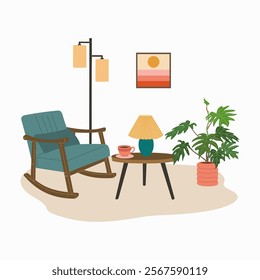 Living room interior. Armchair, coffee table, house plants, desk lamp, carpet, picture. Hand drawn vector illustration isolated on white background. Modern flat cartoon style.