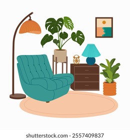 Living room interior. Armchair, dresser, house plants, floor lamp, carpet, picture. Hand drawn vector illustration isolated on light background. Modern flat cartoon style.