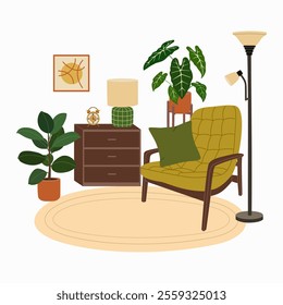 Living room interior. Armchair, dresser, house plants, floor lamp, carpet, picture. Hand drawn vector illustration isolated on light background. Modern flat cartoon style.