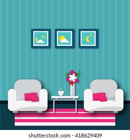 Living room Interior with armchair. Furniture set. Home design. Modern flat illustration for web site, print, poster, presentation, infographic.