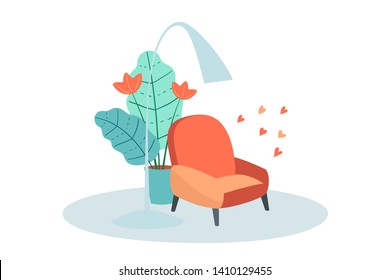 Living room interior with armchair lampshade and flowerpot. Vector flat cartoon furniture domestic relax lounge design. Flat style illustration.