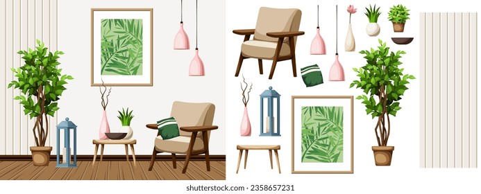 Living room interior with an armchair, a painting, wooden slats, pink pendant light, and a big ficus tree. Modern interior design. Furniture set. Interior constructor. Cartoon vector illustration